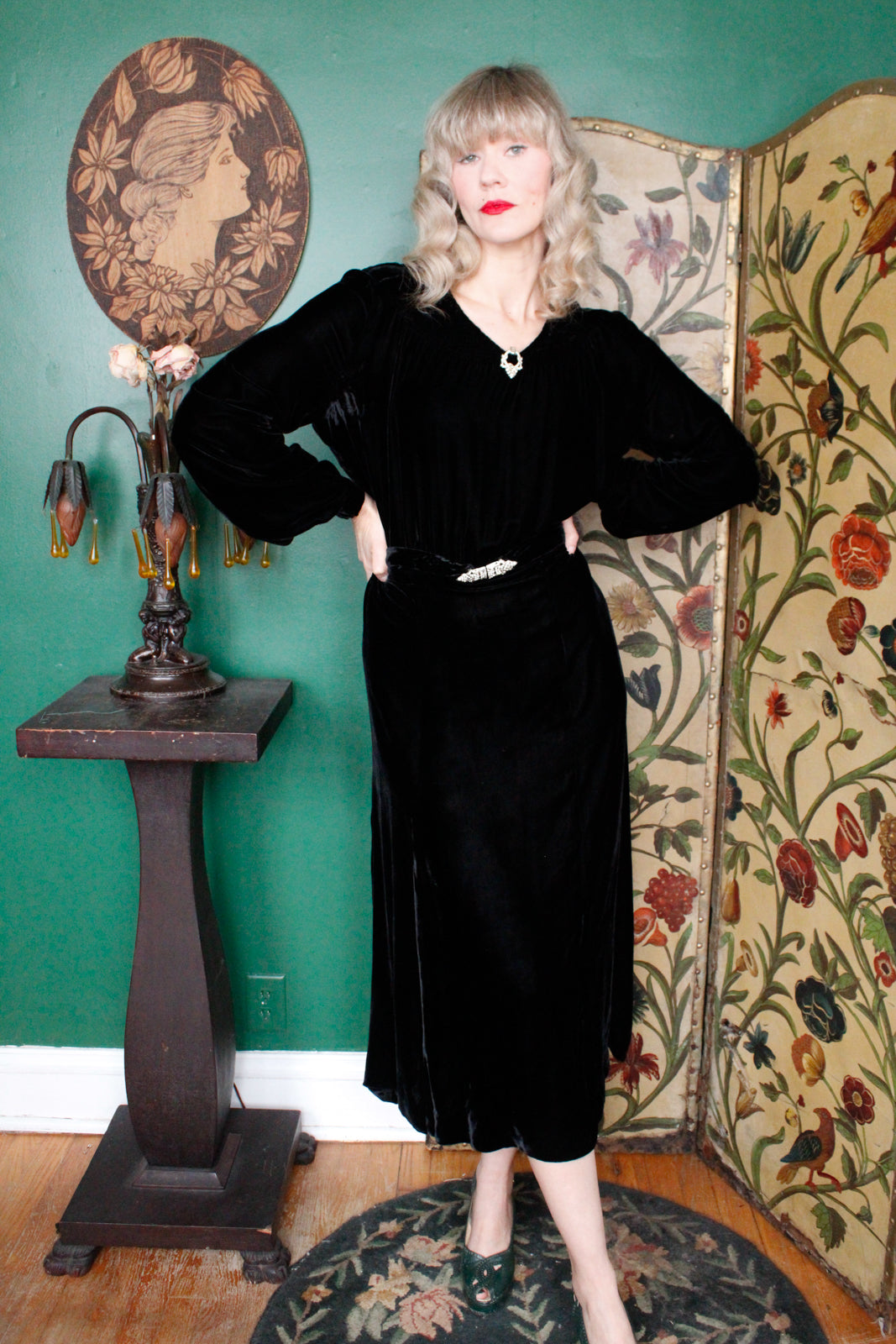 1930s Silk Velvet Black Gown w/Rhinestone belt and dress clip