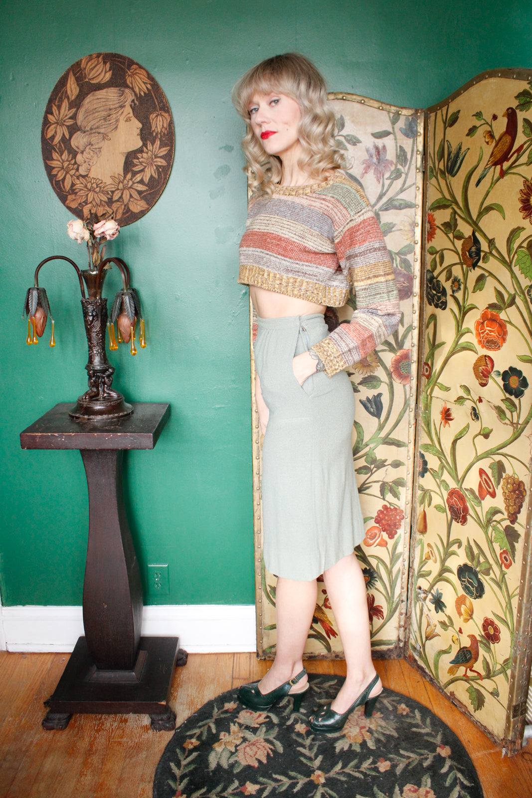 1940s Sea Green Wool Pencil Skirt