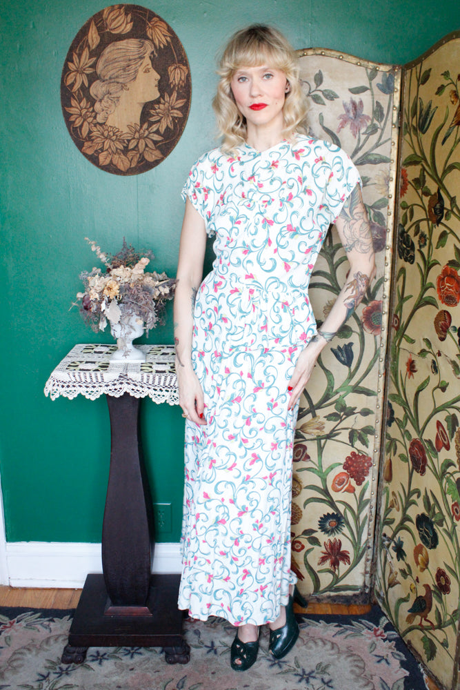 1940s Summer Floral Rayon Gown - Med