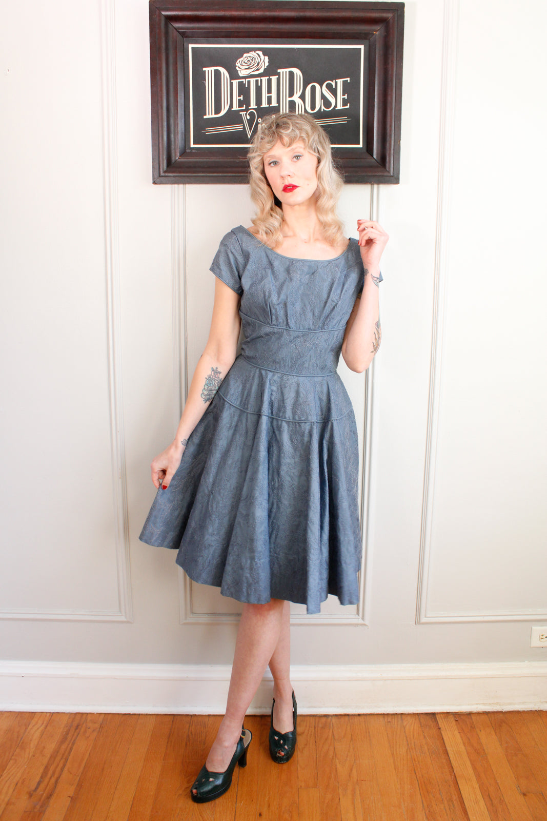 1950s Storm Blue Lace Taffeta Dress - Small