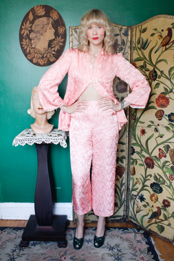 1930s Pink Floral Silk Blouse & Wide Leg Pant Lounge Set - Xs