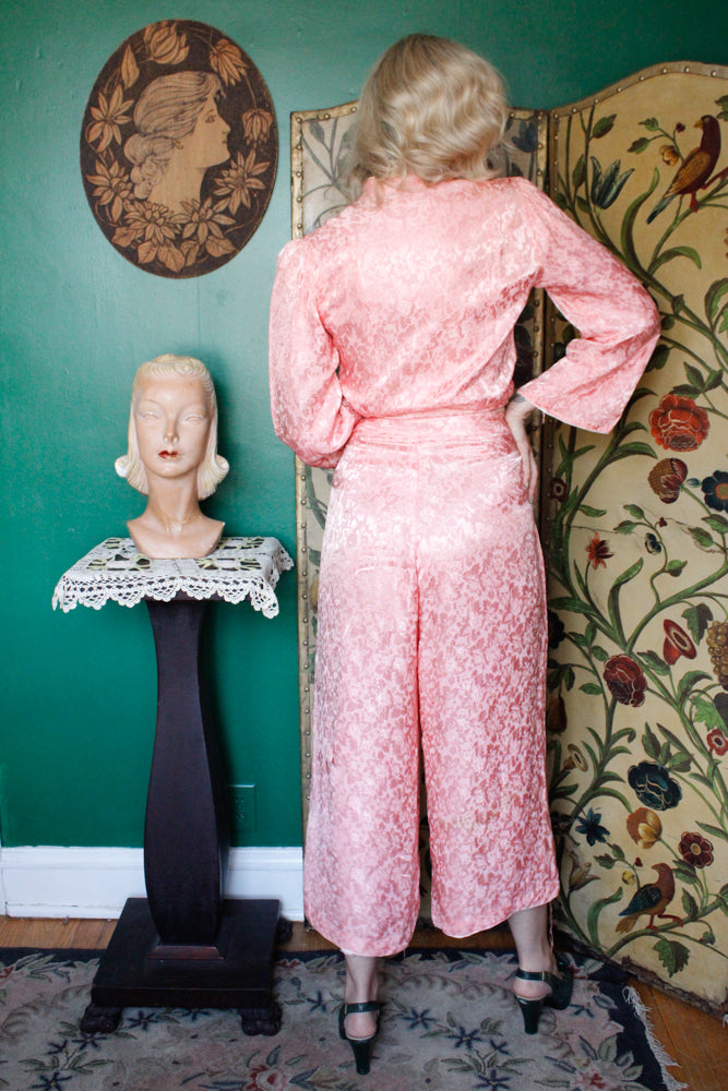 1930s Pink Floral Silk Blouse & Wide Leg Pant Lounge Set - Xs