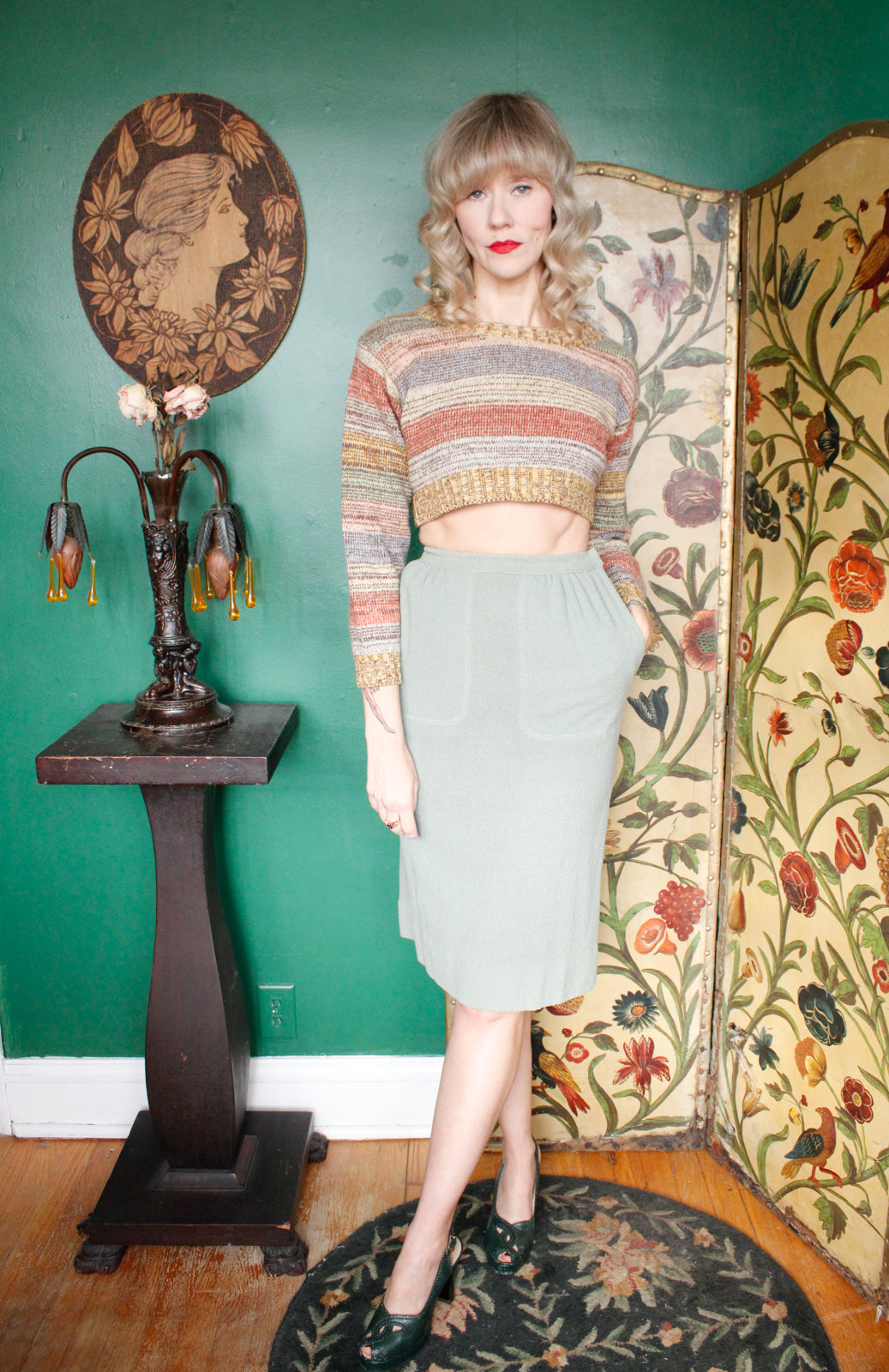 1940s Sea Green Wool Pencil Skirt