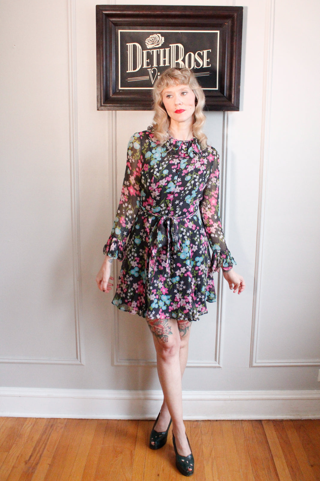 1960s Floral Ruffle Mini Dress - Small