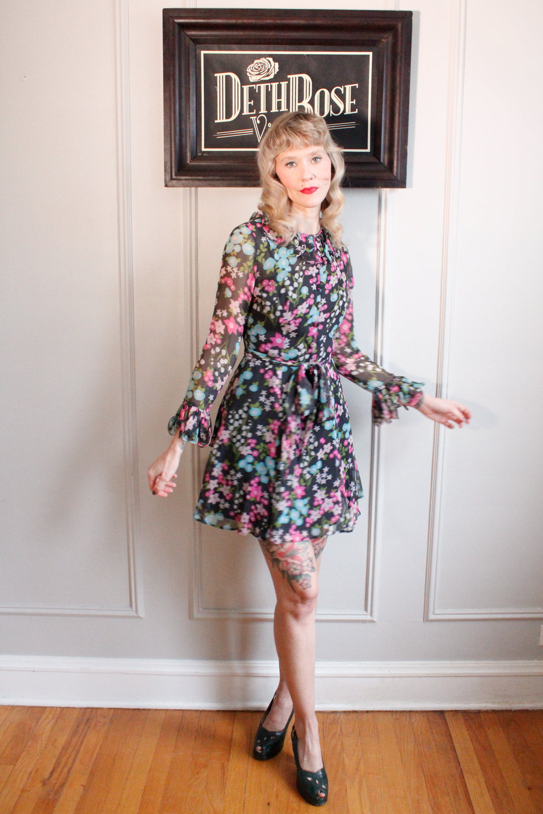 1960s Floral Ruffle Mini Dress - Small