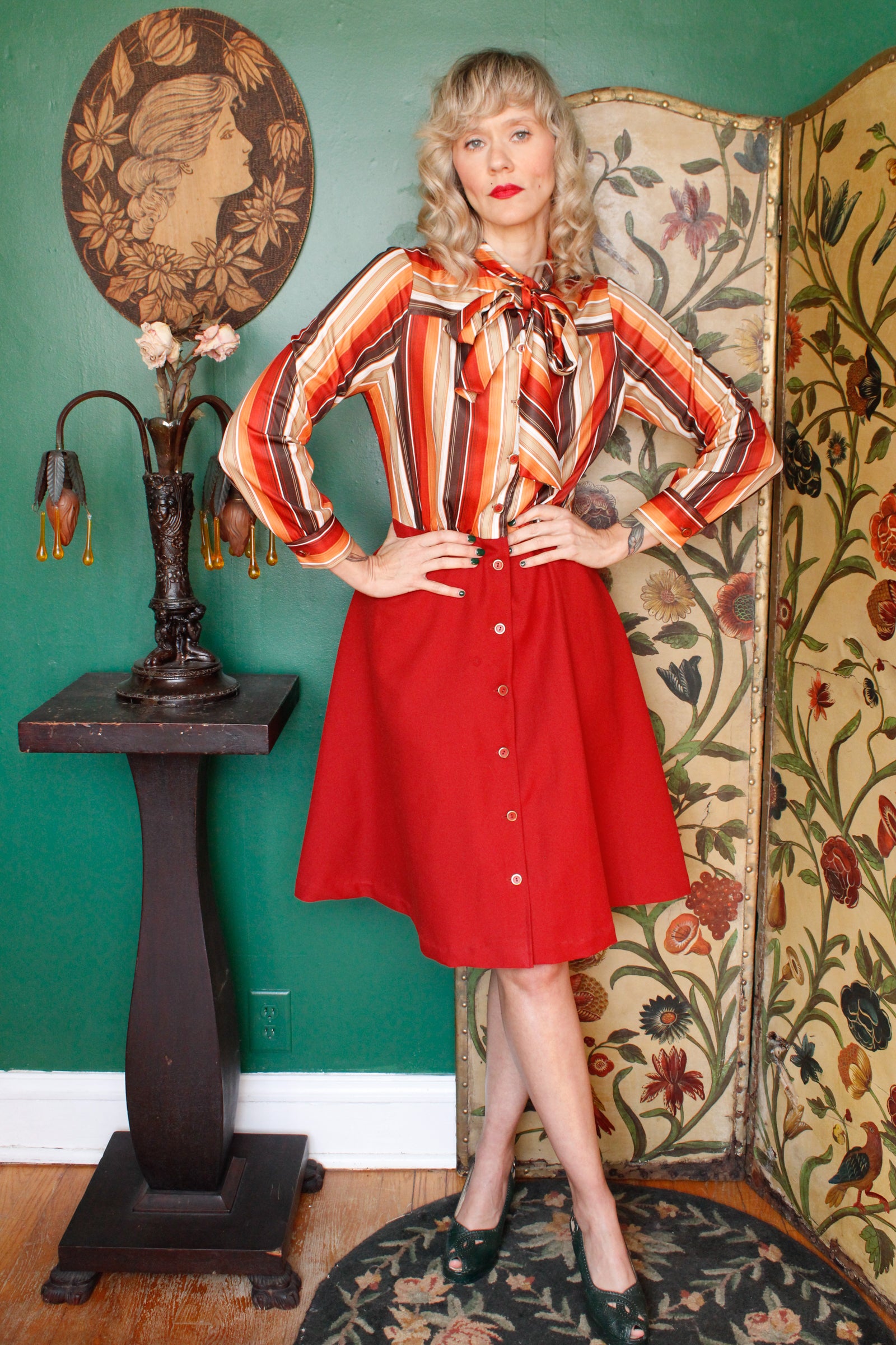 1970s Pussy Bow Autumn Striped Dress