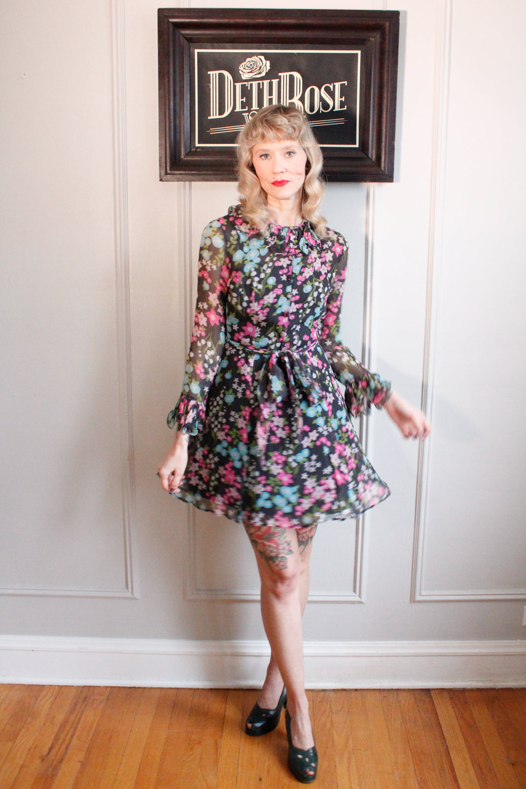 1960s Floral Ruffle Mini Dress - Small