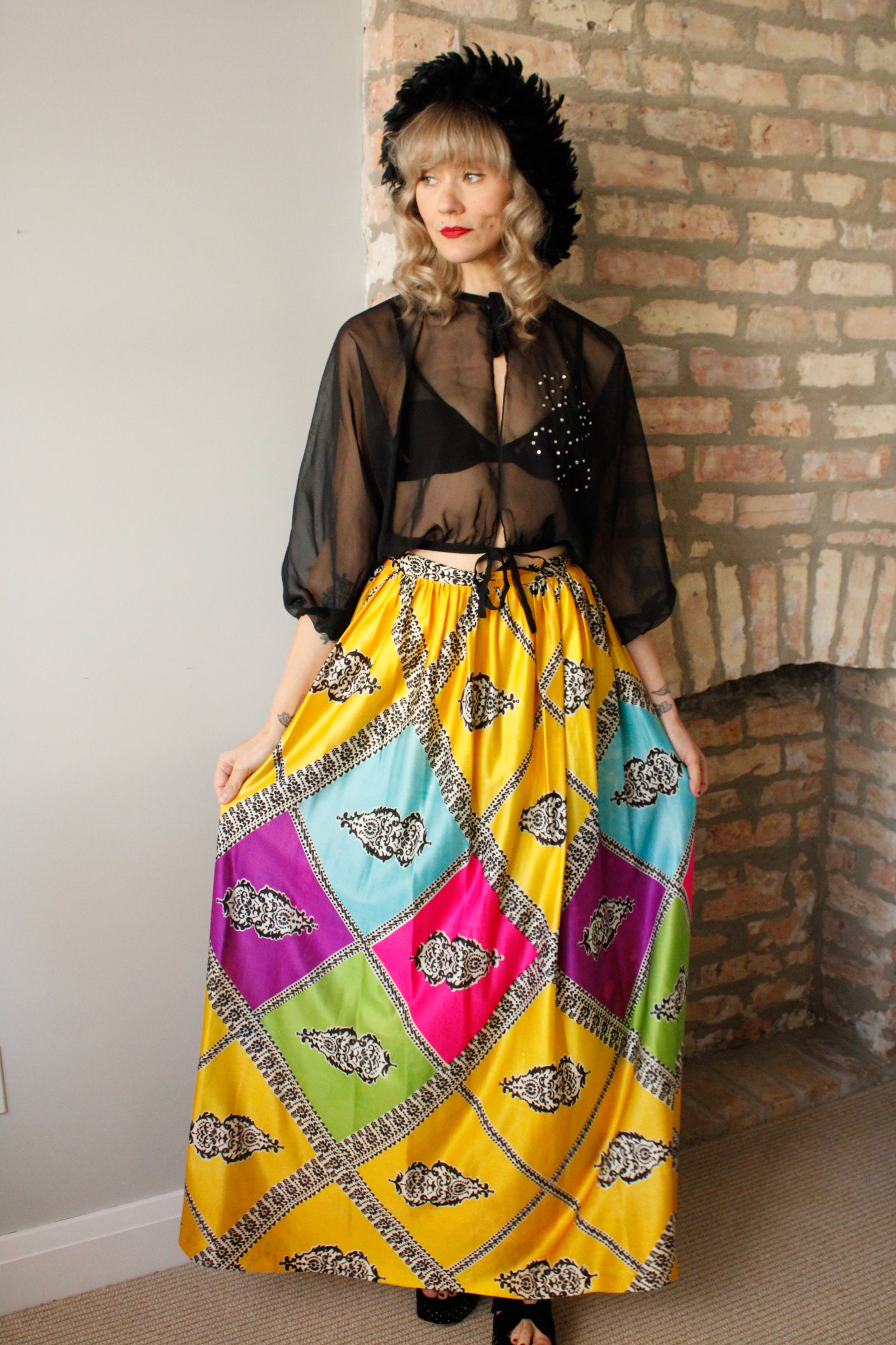 1960s silk colorful maxi skirt 