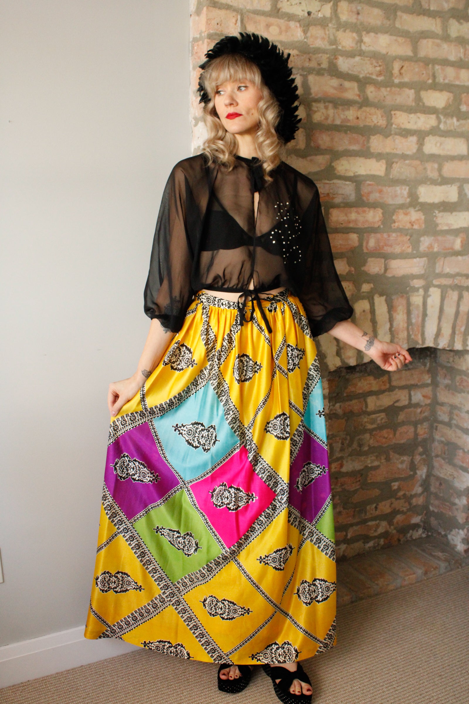 1960s silk colorful maxi skirt