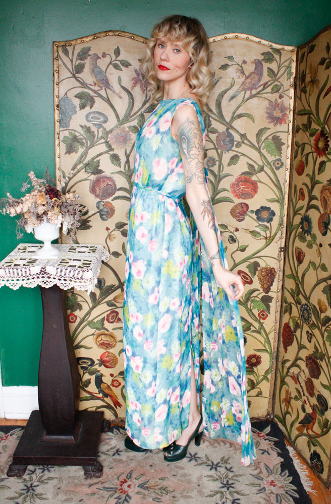 1960s Watercolor Floral Silk Gown