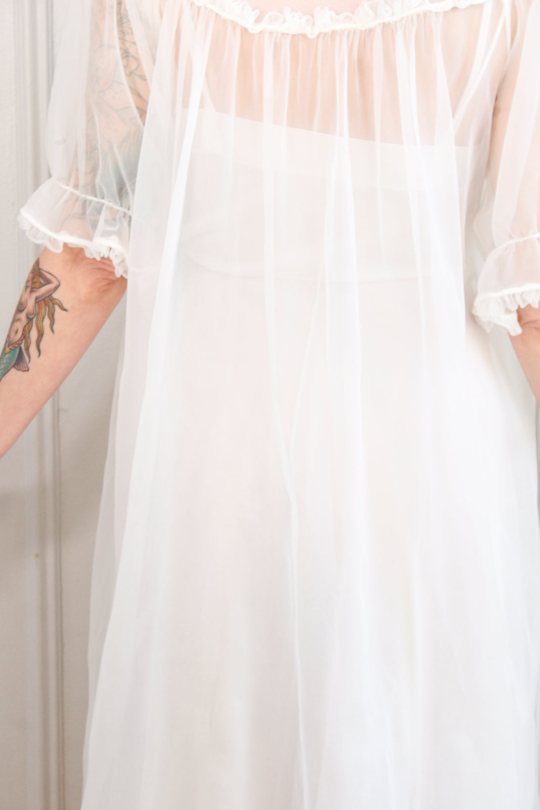 1950s White Slip Dress & Robe Loungewear Set - Medium