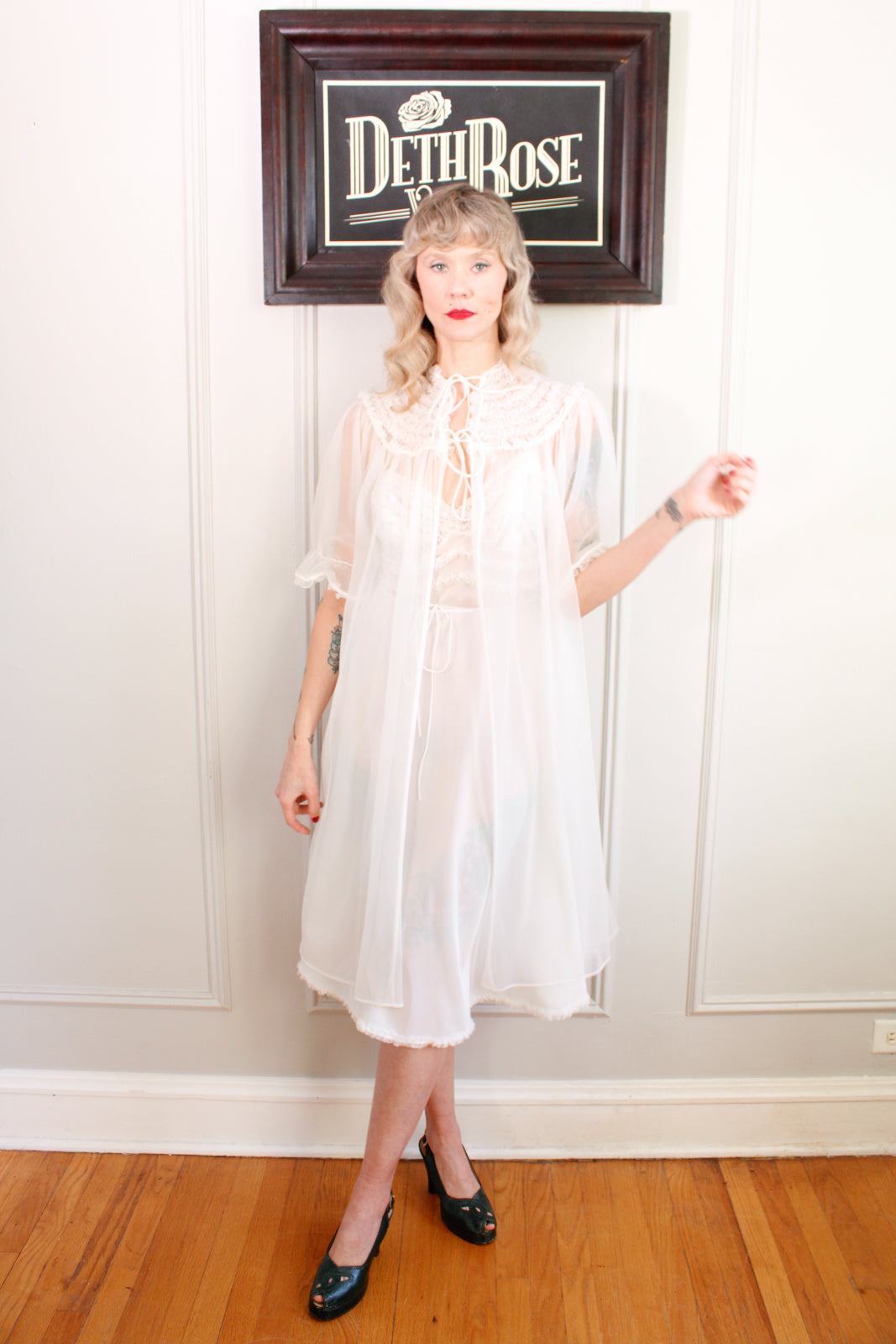 1950s White Slip Dress & Robe Loungewear Set - Medium