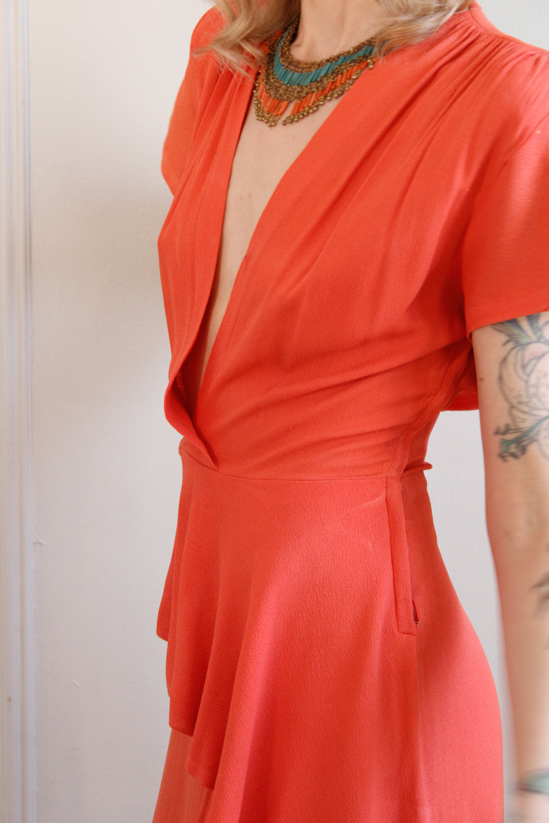 1940s Coral Rayon Crepe Draped Gown - Medium