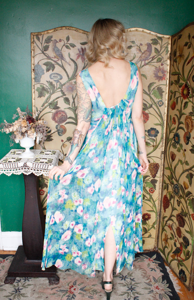 1960s Watercolor Floral Silk Gown