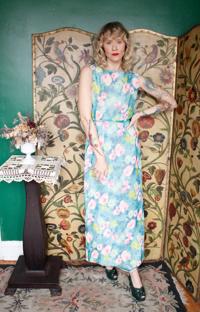 1960s Watercolor Floral Silk Gown