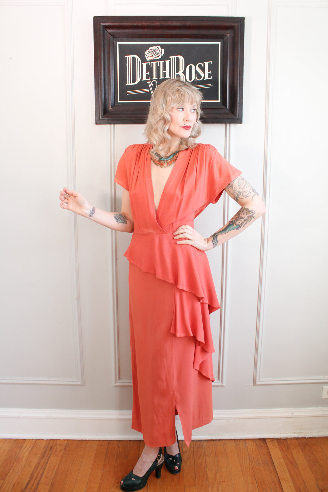 1940s Coral Rayon Crepe Draped Gown - Medium