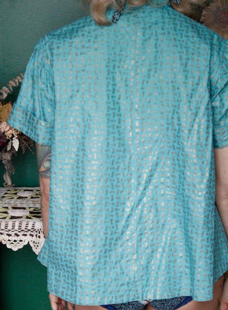 1950s Maternity Turquoise & Gold Blouse