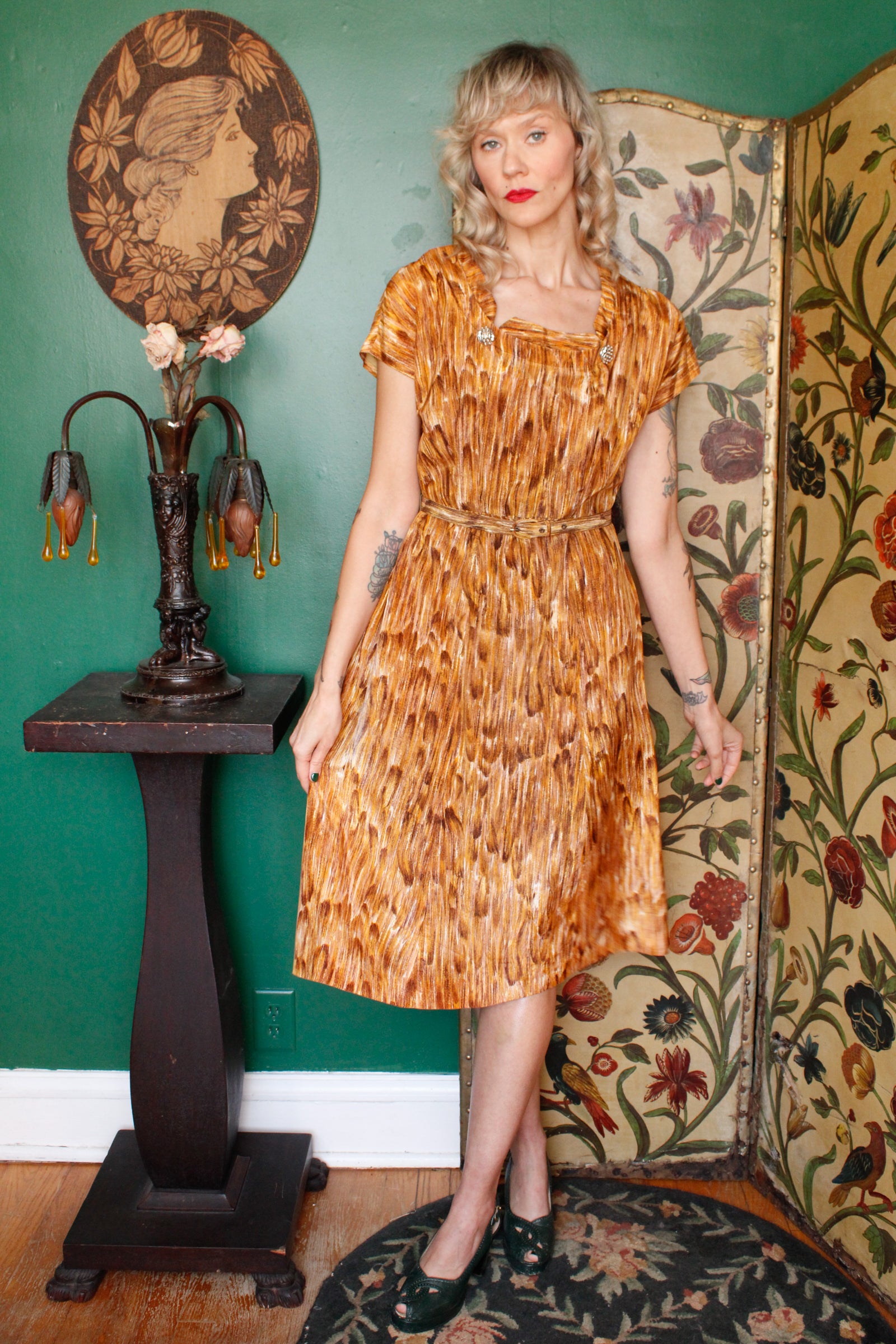 1960s Abstract Autumn Print Sheath Dress and Jacket 