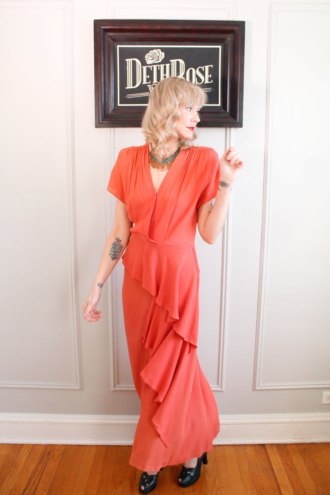 1940s Coral Rayon Crepe Draped Gown - Medium