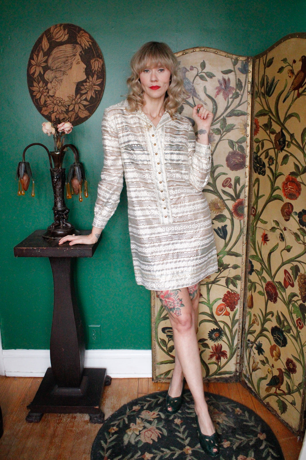 1960s Silver & Gold Sheer Stripe Party Dress 