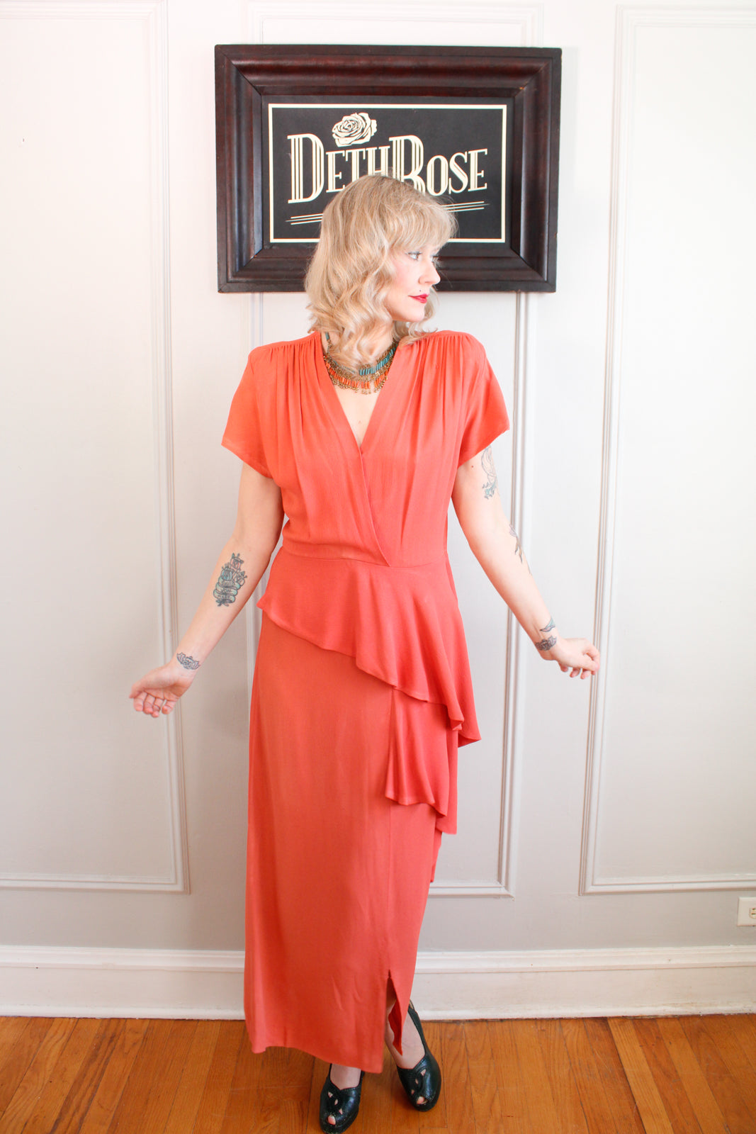 1940s Coral Rayon Crepe Draped Gown - Medium