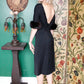 1950s Low back Black Dress with Fur Cuffs - Medium