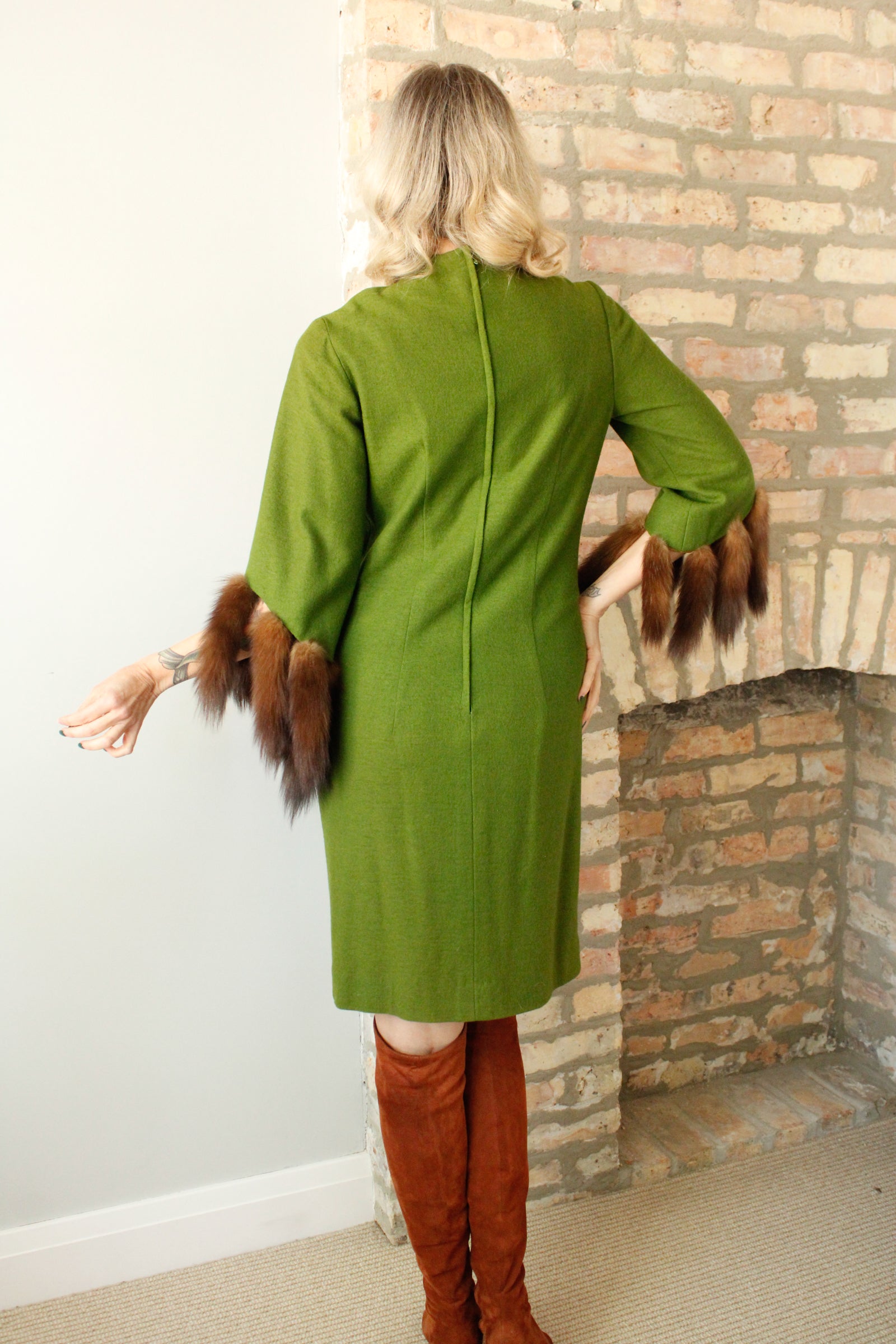 1960s Green Wool and Mink Dress
