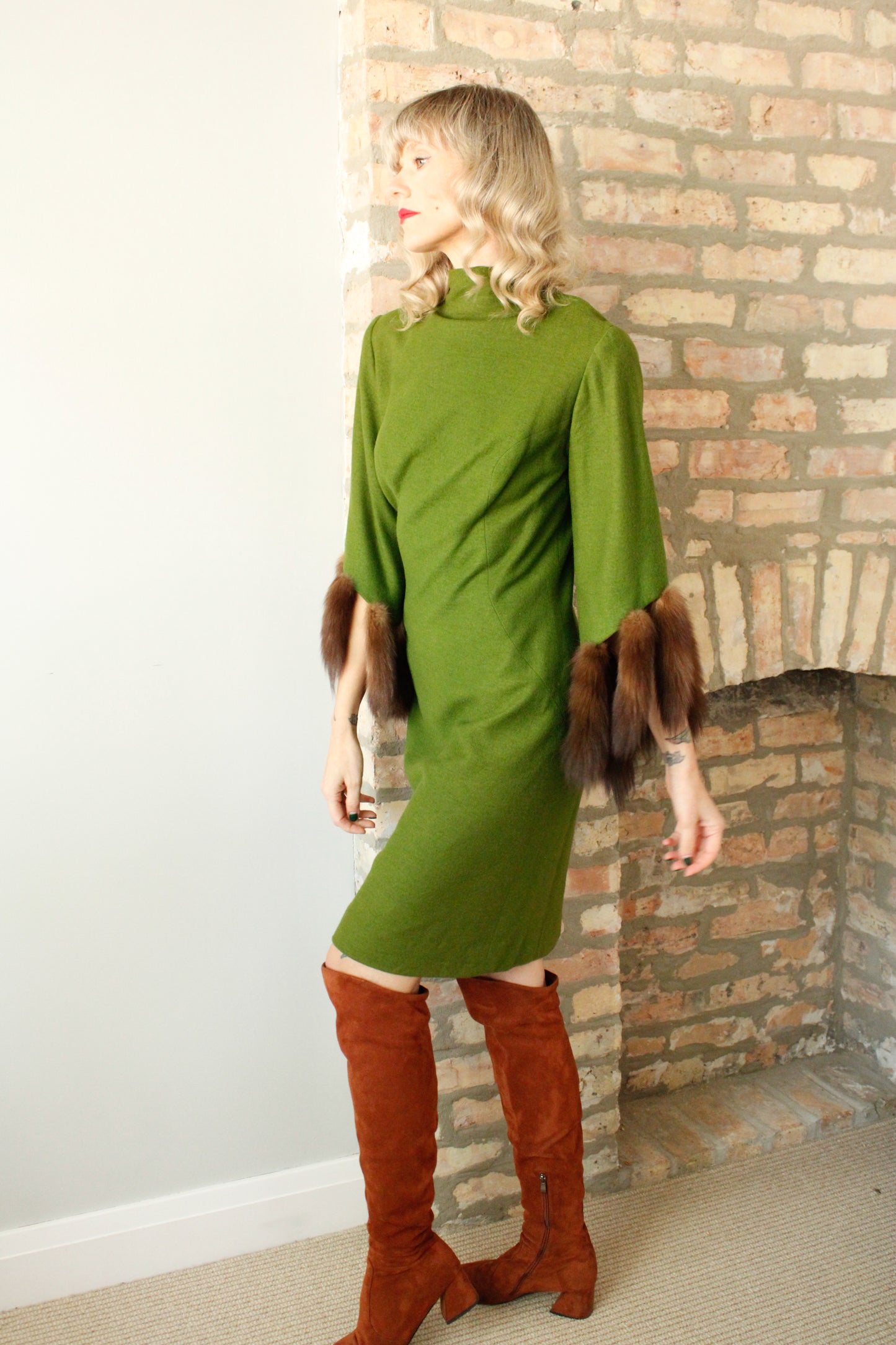 1960s Green Wool and Mink Dress