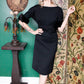 1950s Low back Black Dress with Fur Cuffs - Medium