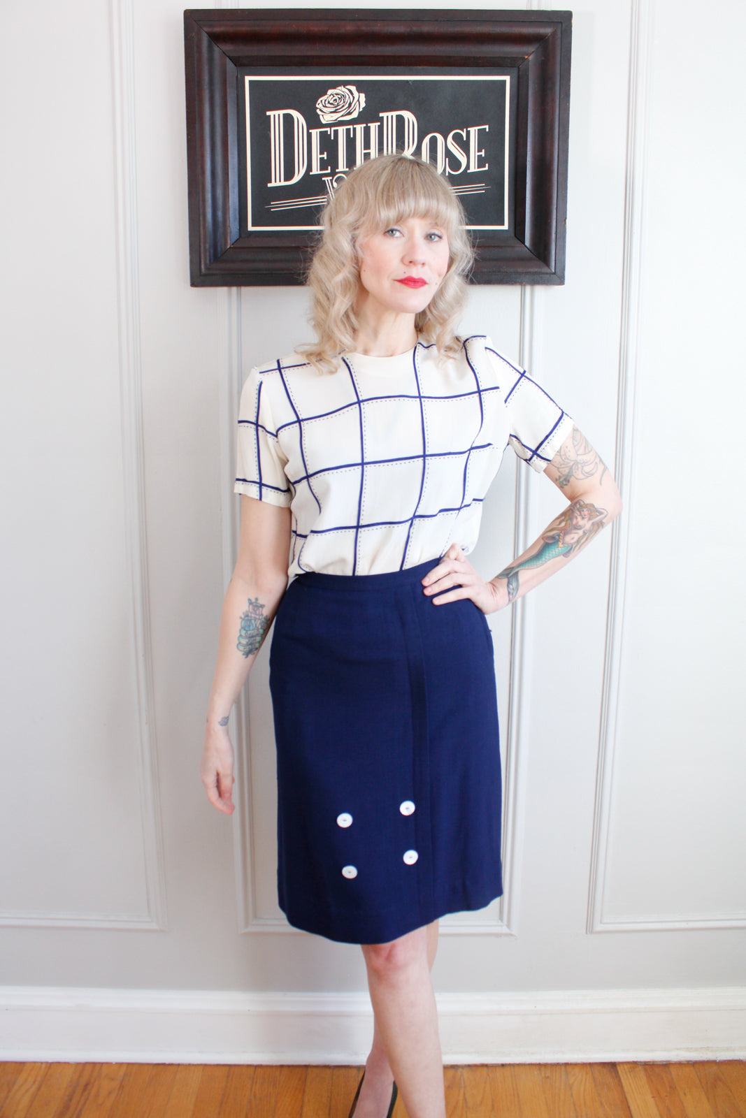 1940s Square Print Rayon Blouse - M/L