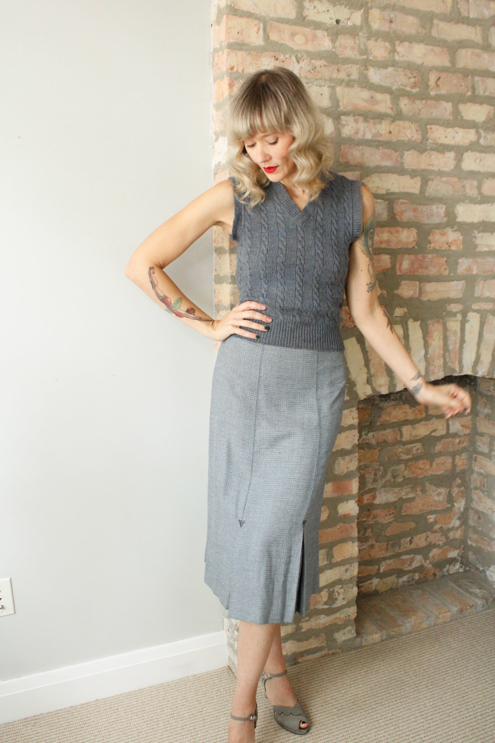 1940s Wool Tweed Trumpet Skirt 
