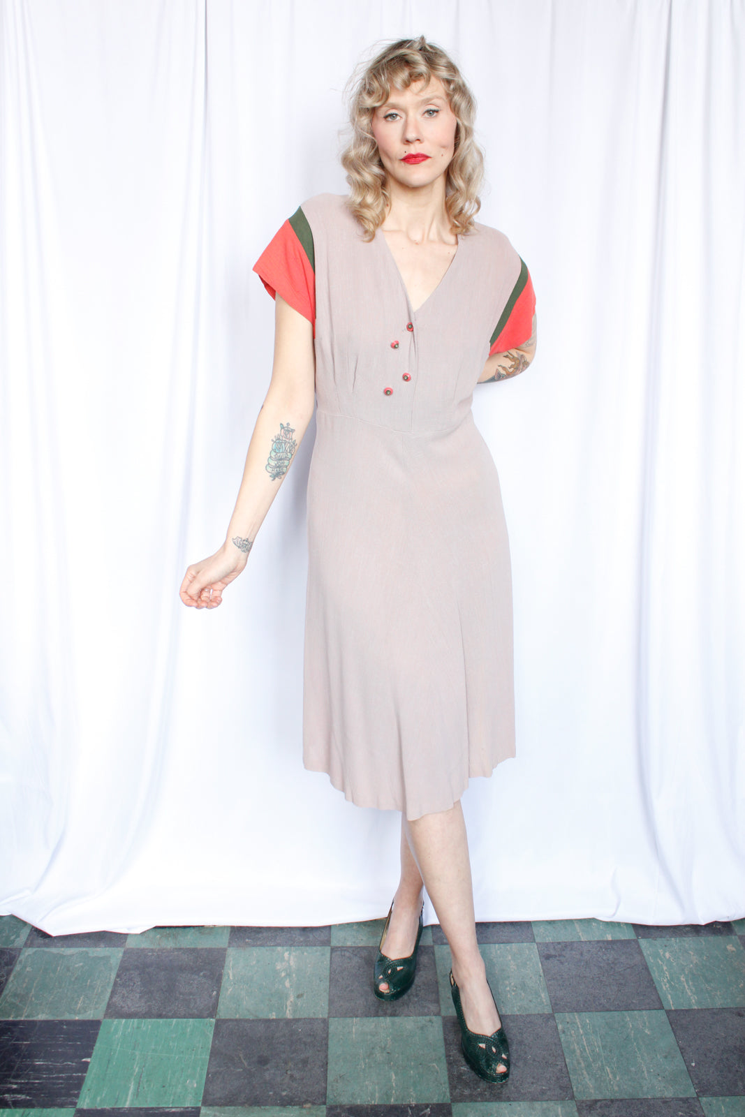 1940s Martha Cavanaugh Linen Two Tone Dress - Large
