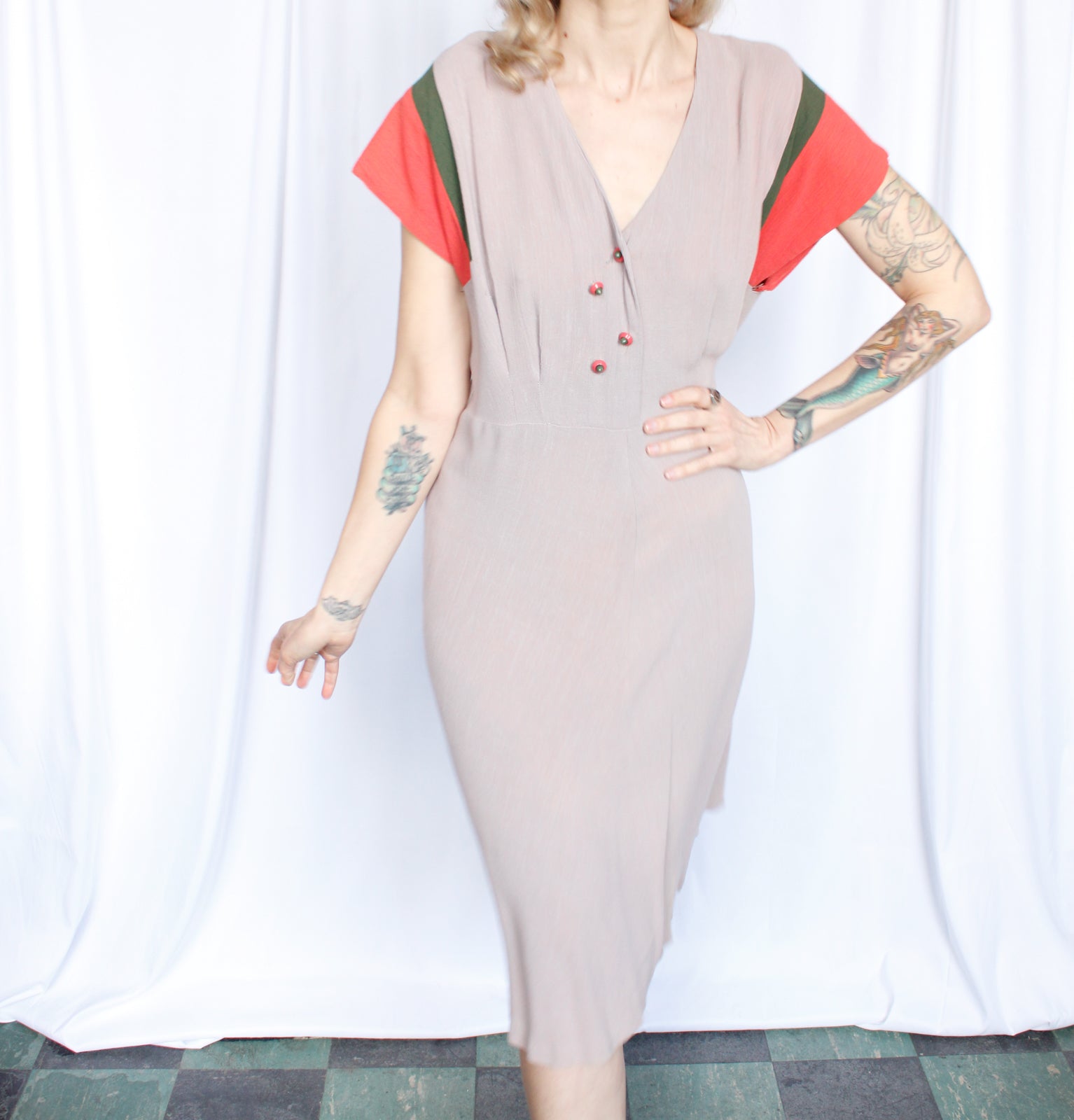 1940s Martha Cavanaugh Linen Two Tone Dress - Large