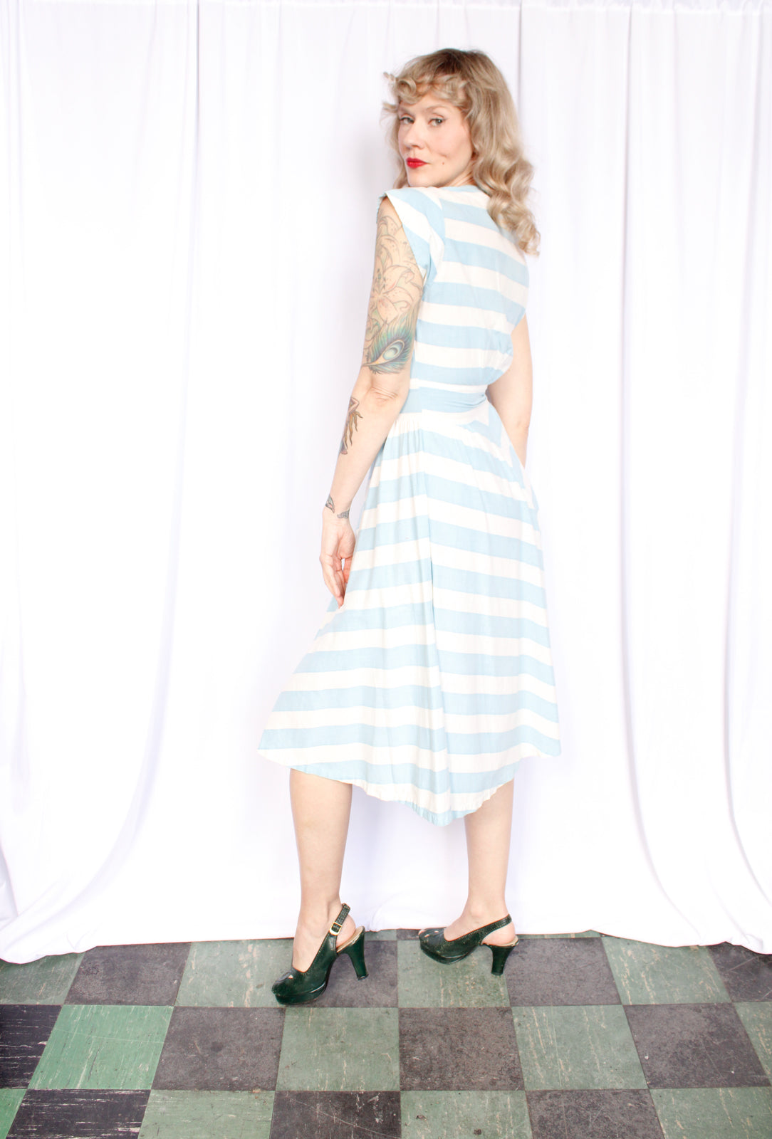 1950s Sky Blue Zip Front Striped Cotton Dress - Small