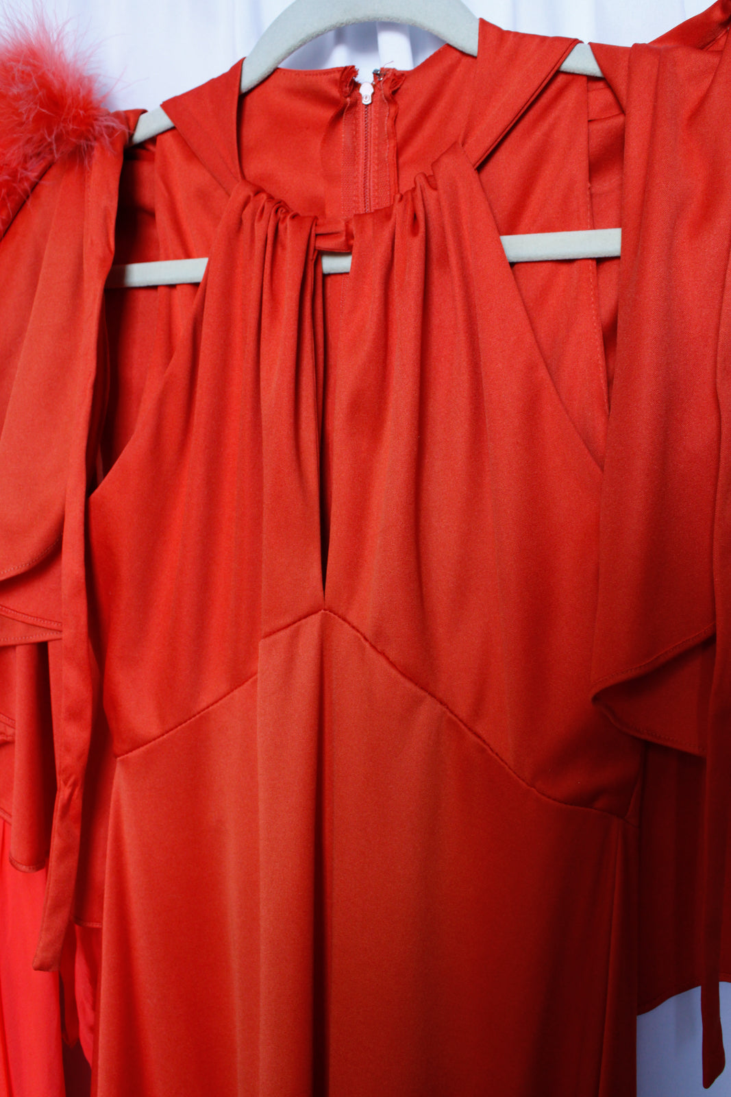 1970s Tangerine Jersey Dress with Marabou Hooded Caplet - Small