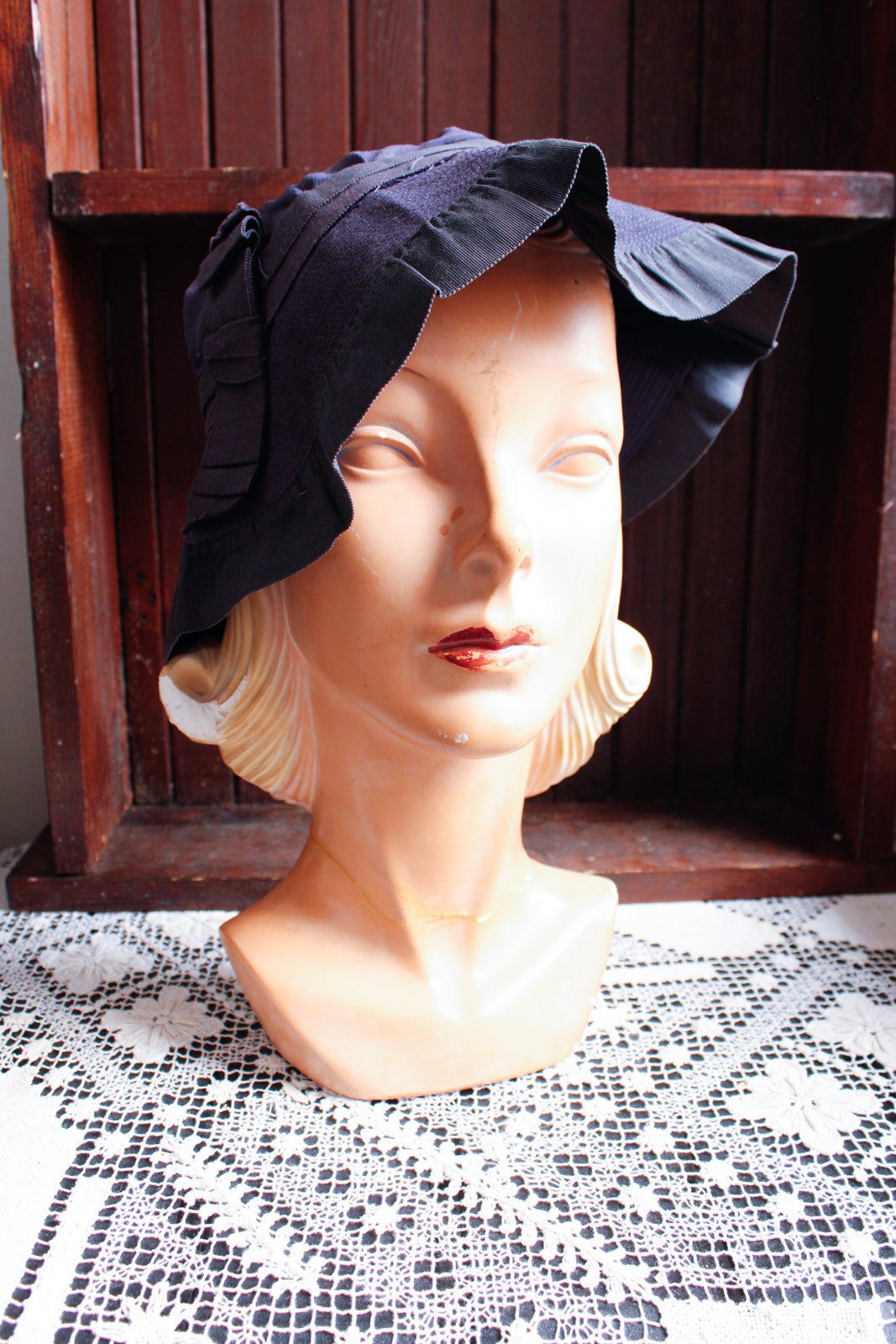 1930s Navy Rayon Summer Cloche Hat
