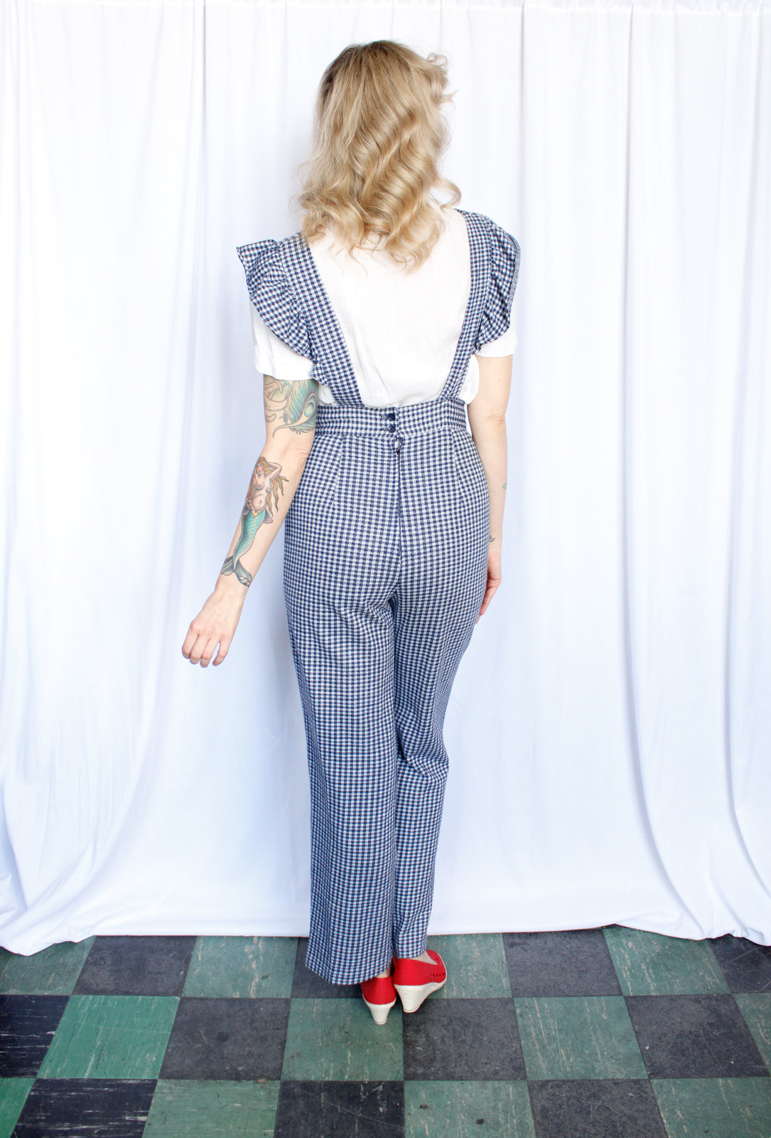 1970s Gingham Cotton Knit Overalls - Small