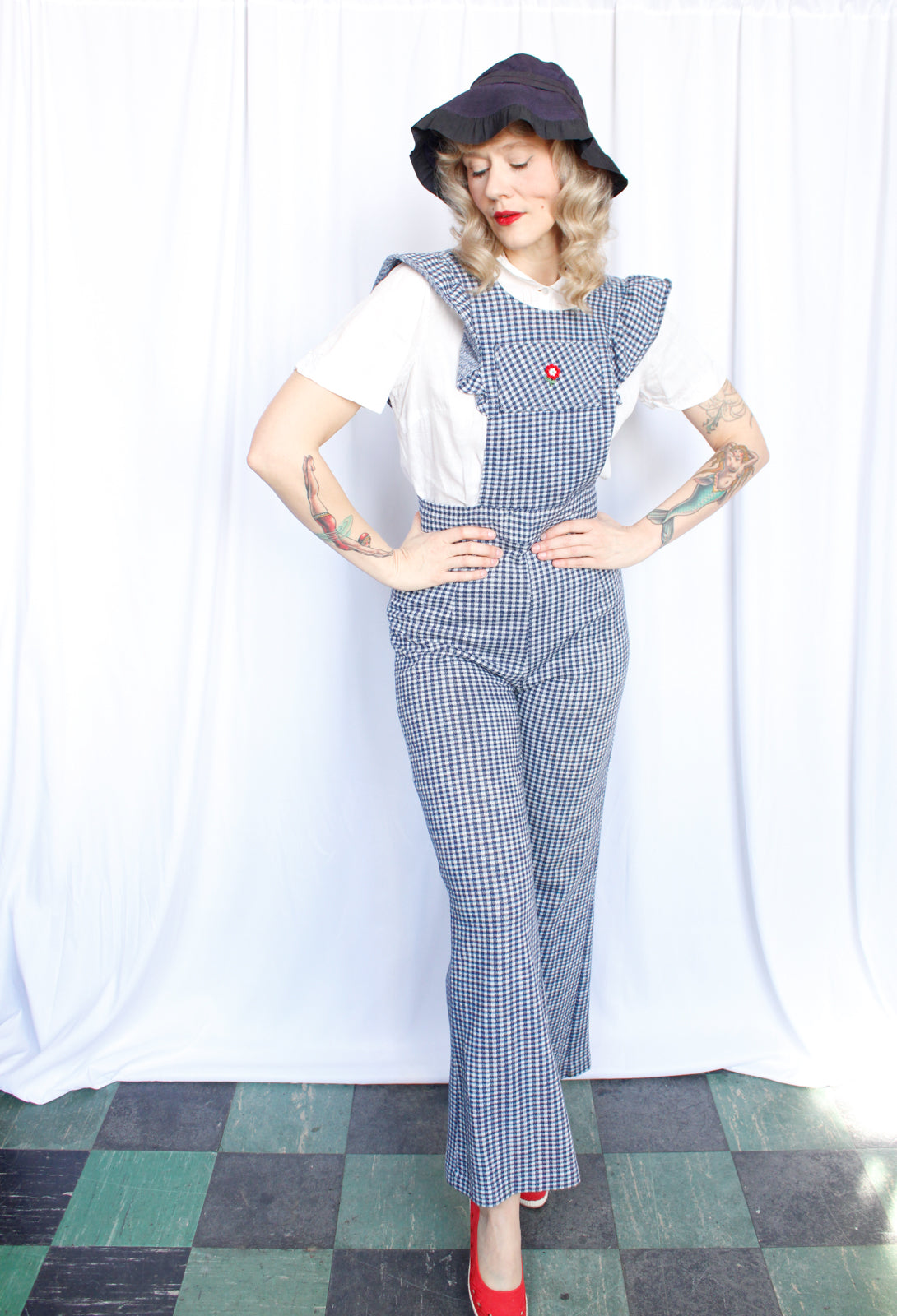 1970s Gingham Cotton Knit Overalls - Small