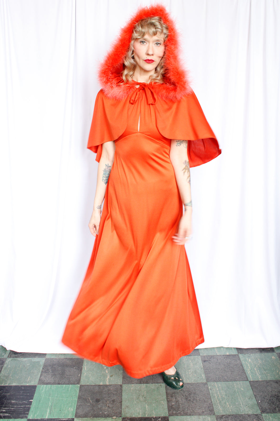 1970s Tangerine Jersey Dress with Marabou Hooded Caplet - Small