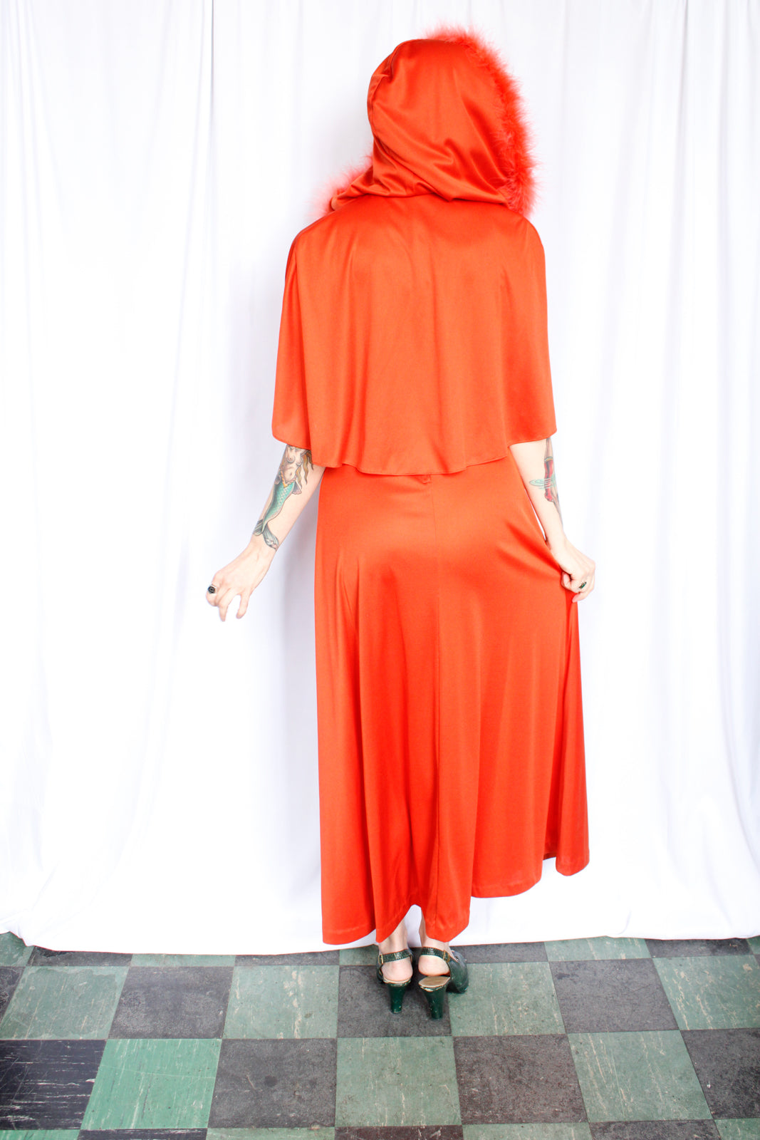 1970s Tangerine Jersey Dress with Marabou Hooded Caplet - Small