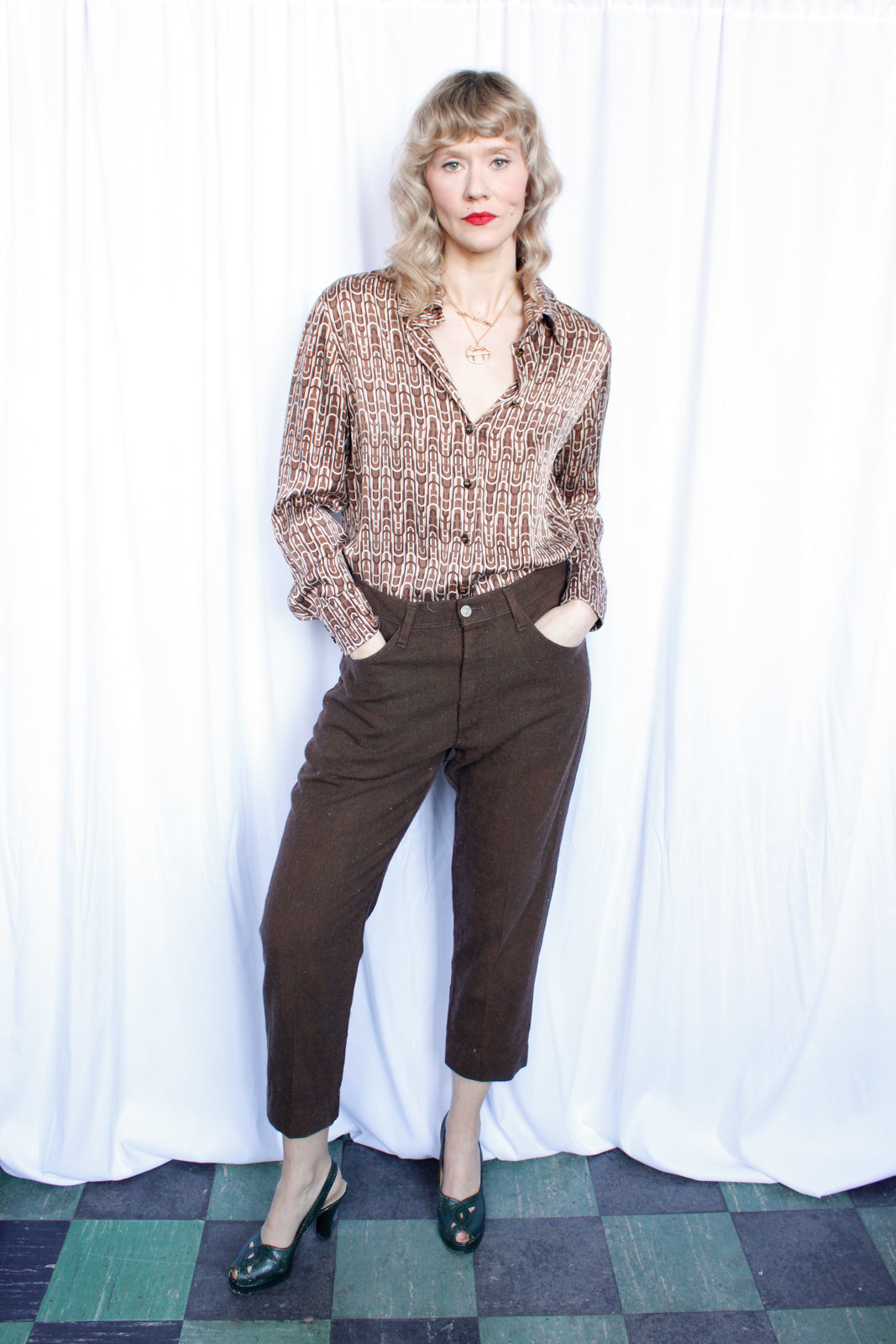 1970s Farrah Low Rise Brown Twill Pants - 34" waist