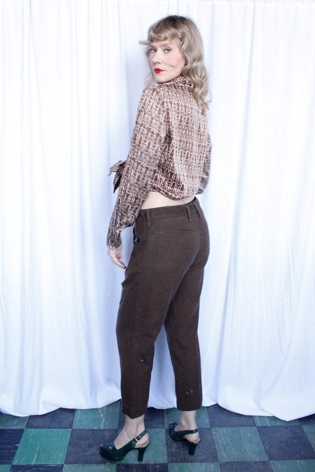 1970s Farrah Low Rise Brown Twill Pants - 34" waist