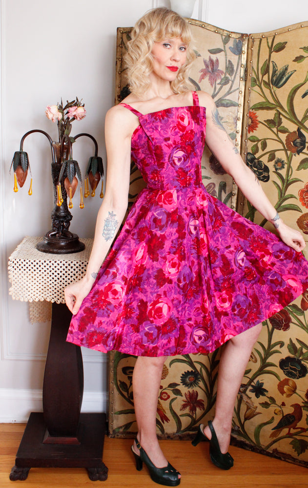 Late 1950s Bold Berry Rose Taffeta Dress