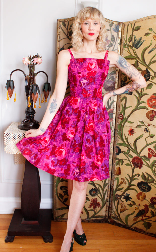 Late 1950s Bold Berry Rose Taffeta Dress