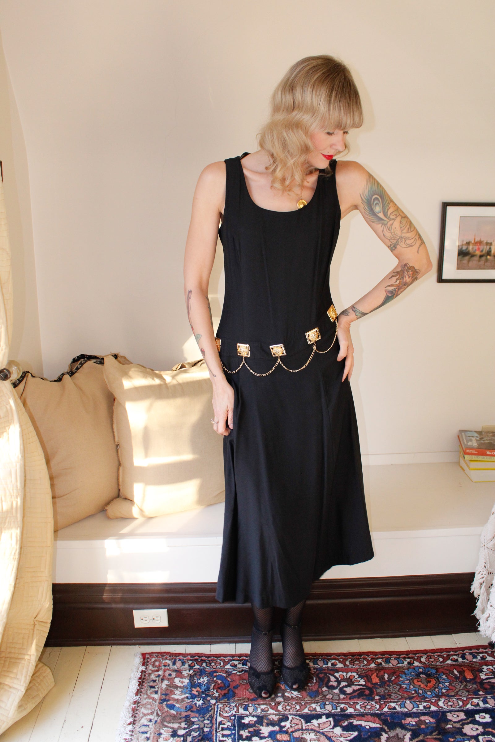 1990s Black Vesace Style Dress 