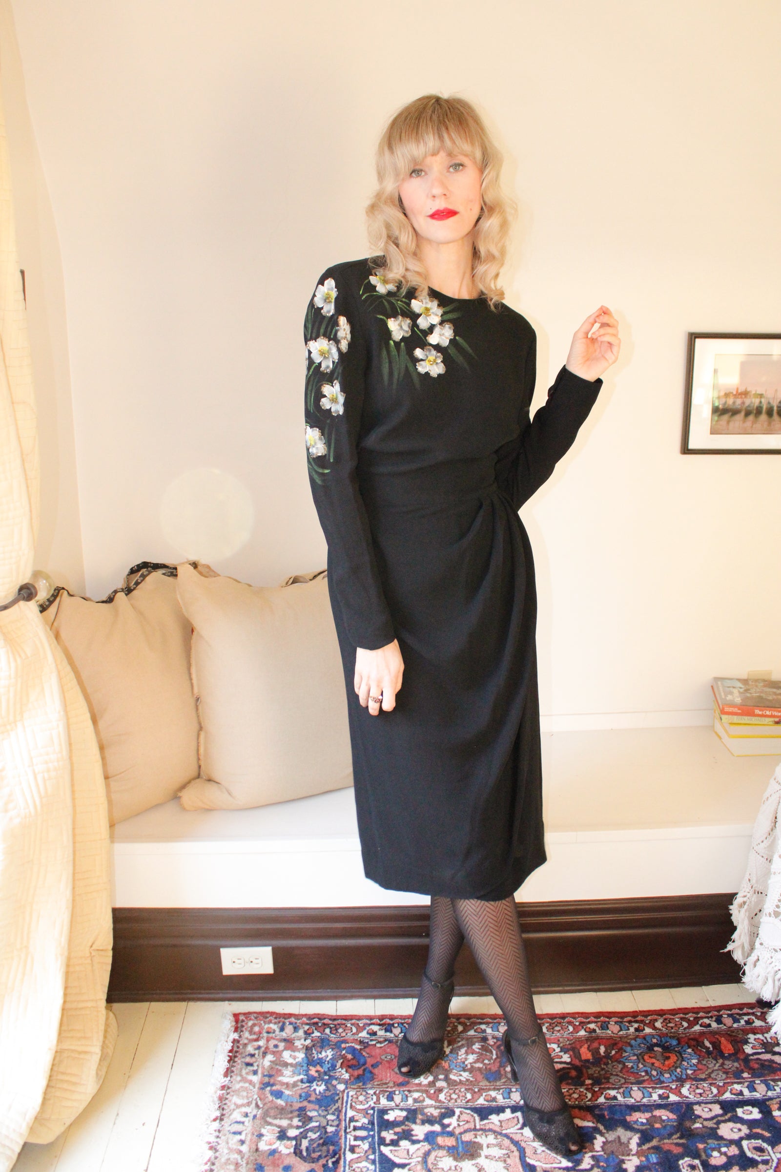 1940s Encore Hand-painted Floral Rayon Crepe Dress