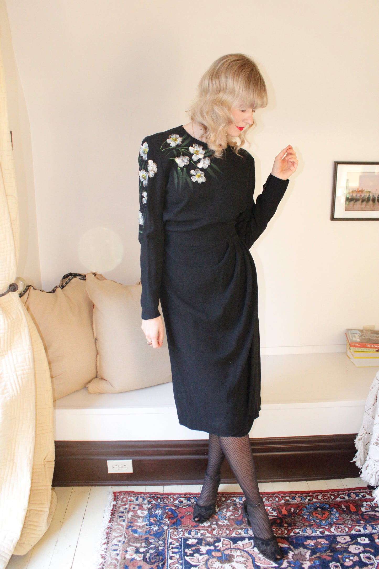 1940s Encore Hand-painted Floral Rayon Crepe Dress