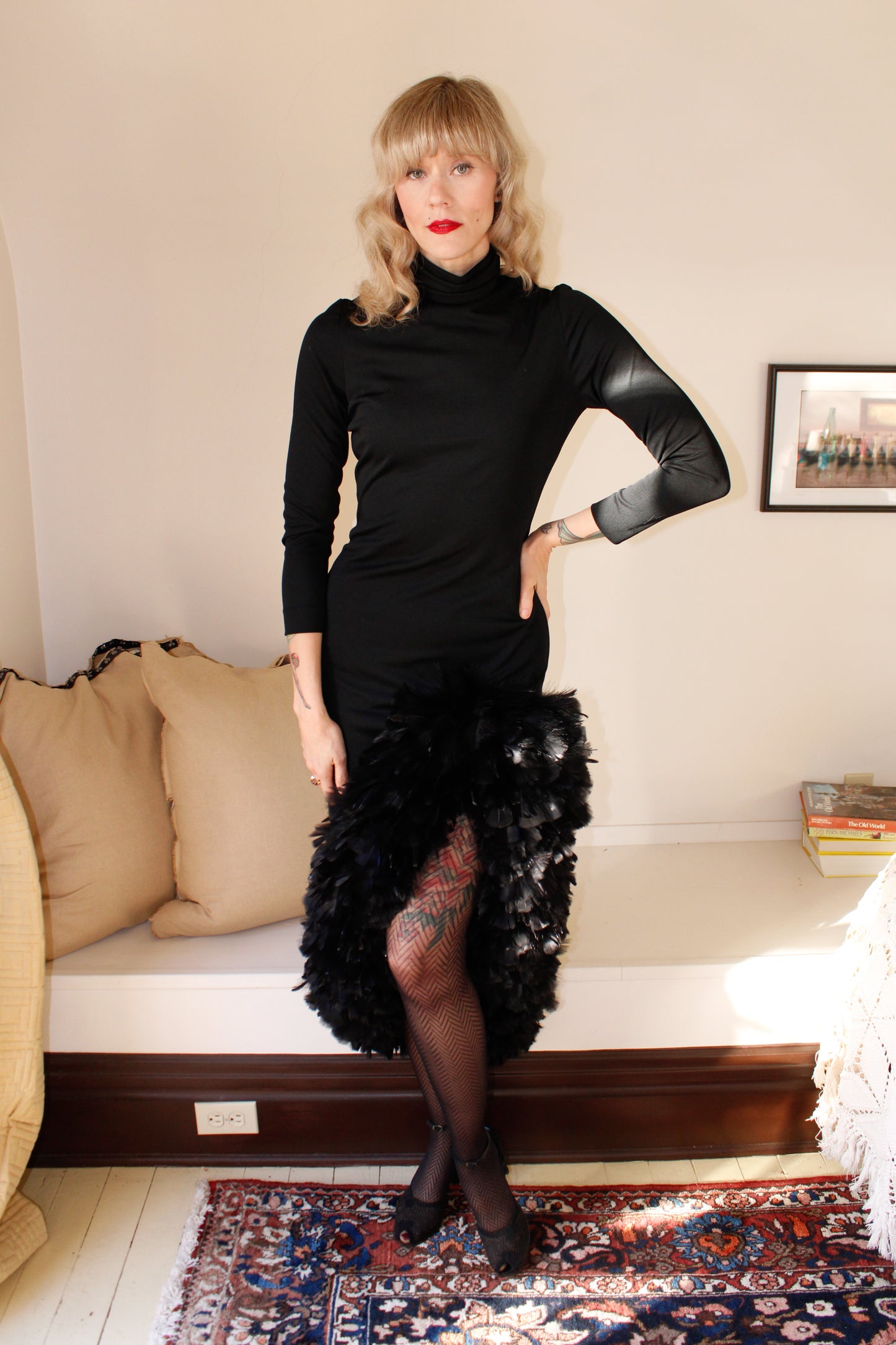 1960s Black Jersey Feather Dress 
