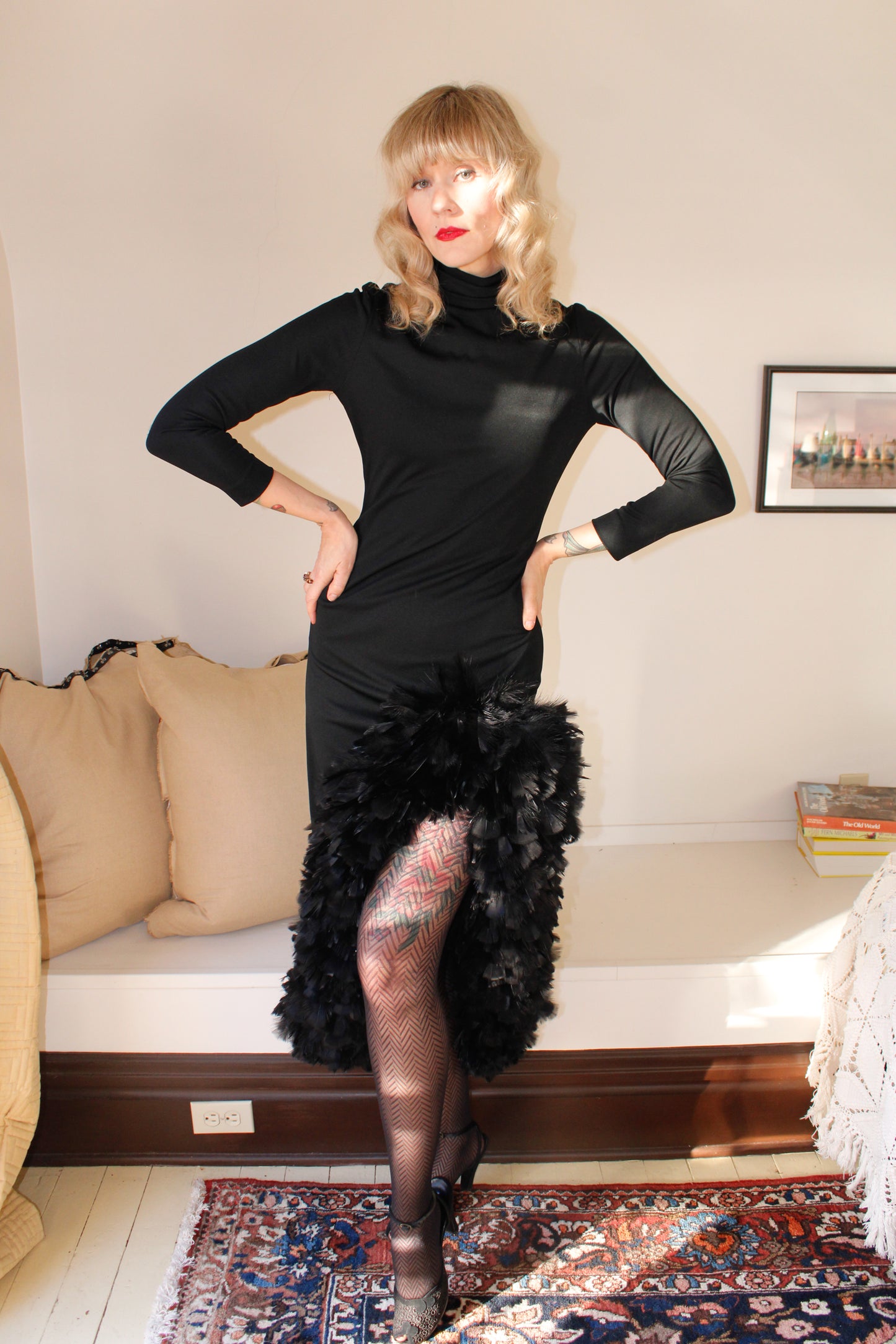 1960s Black Jersey Feather Dress 
