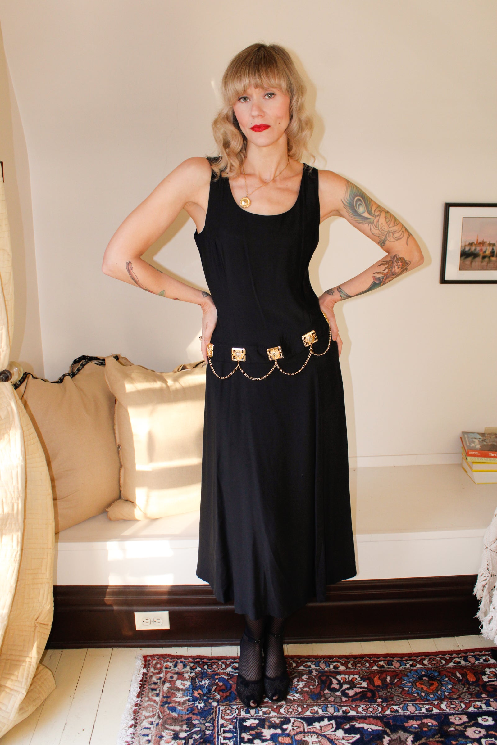 1990s Black Vesace Style Dress 
